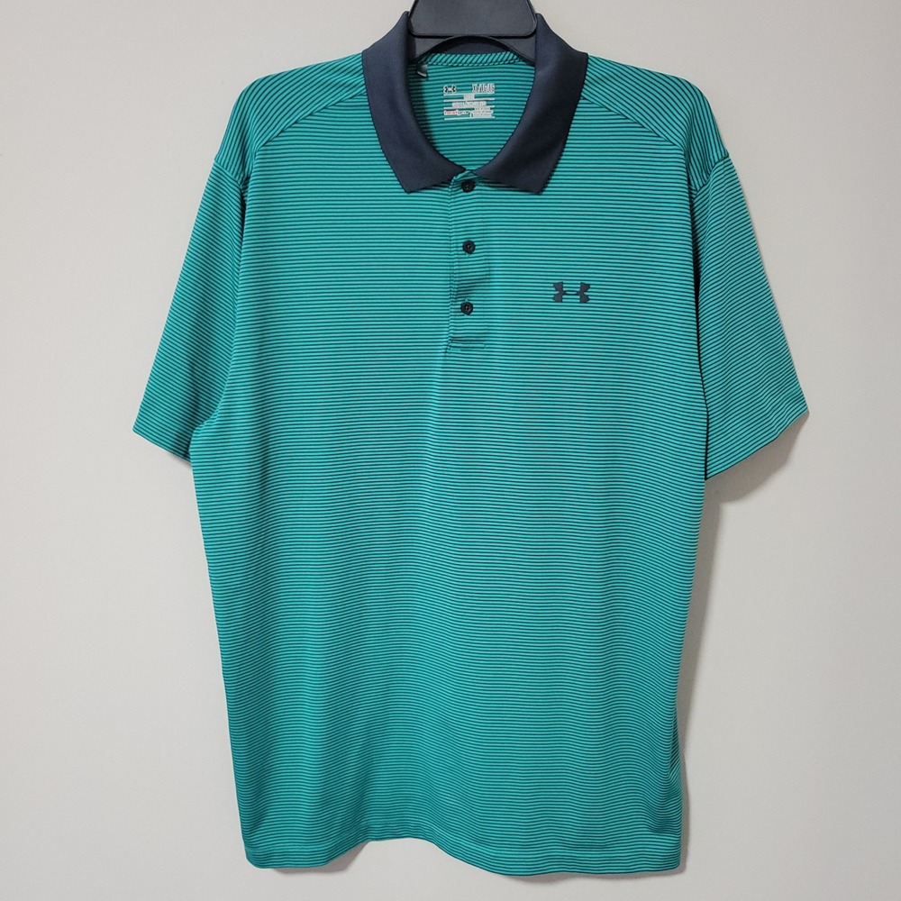 Under Armour Polo Shirt Mens XL Teal Striped HeatGear Loose Fit Short Sleeve